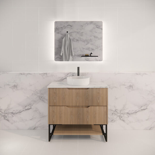 Bali Wall Hung Bathroom FS Vanity American Oak Linear Fluted Cabinet