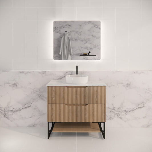 Bali Wall Hung Bathroom FS Vanity American Oak Linear Fluted Cabinet