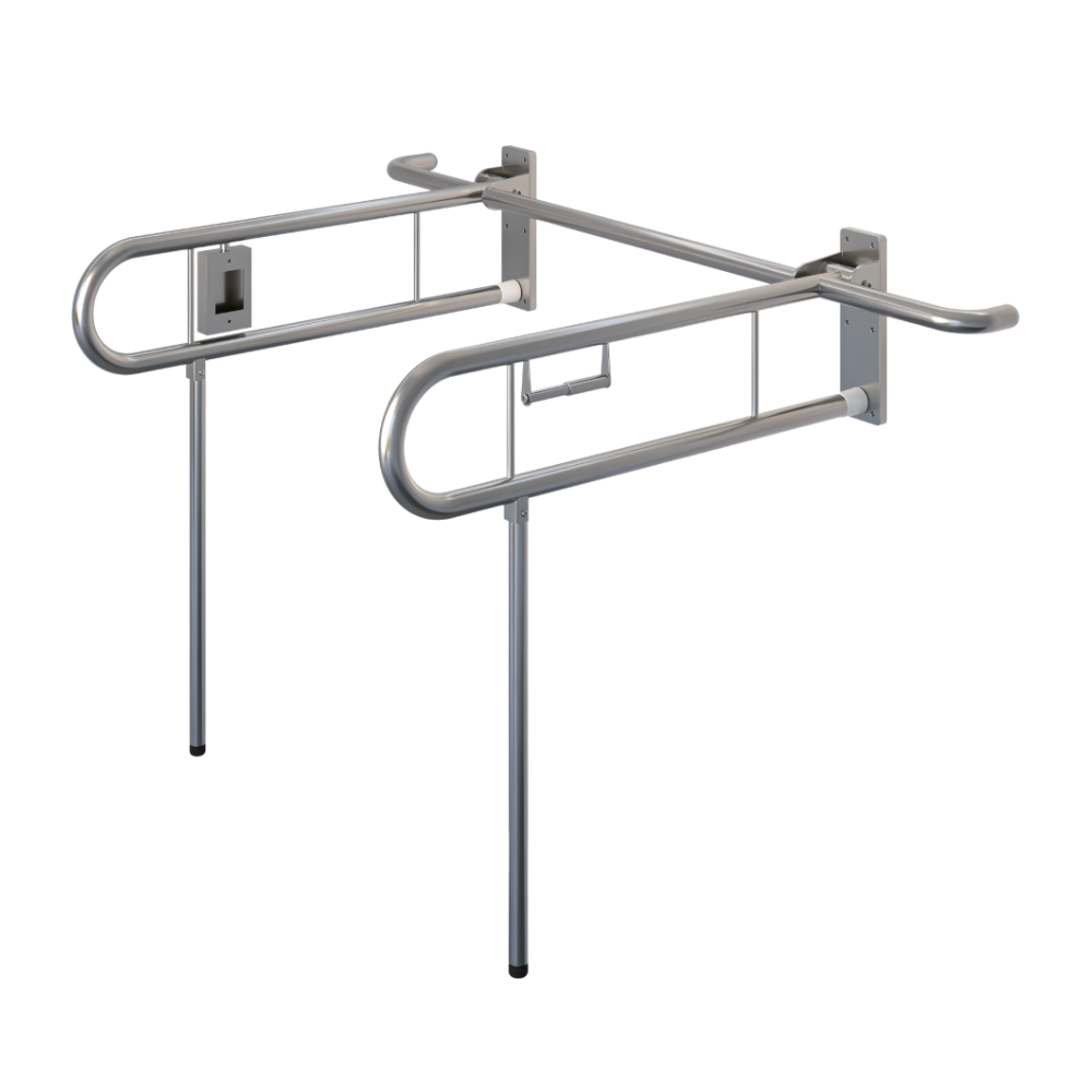 Changing Places Bariatric Twin Drop Down Grab Rails Left-Hand Drop Down Rail contains a Toilet Roll Holder and Right-Hand Drop Down Rail contains a Nurse Call in Satin Stainless Steel * Special Order Product
