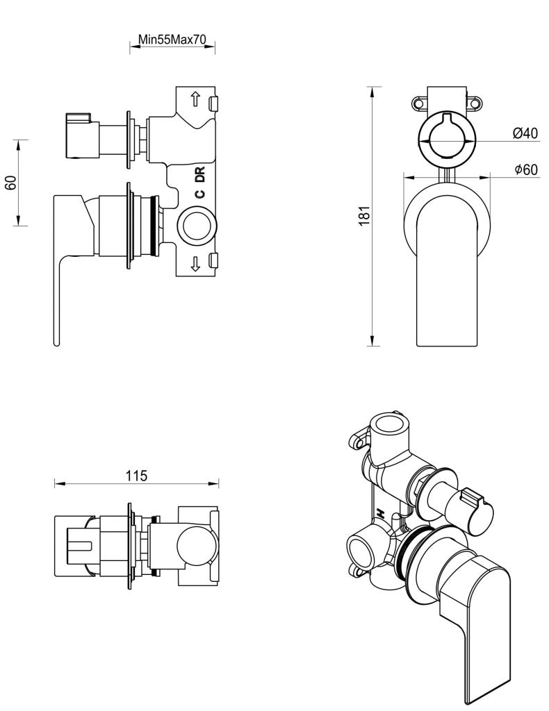 Eleniko Mixer Diverter - 2P - TRIM KIT - Gunmetal