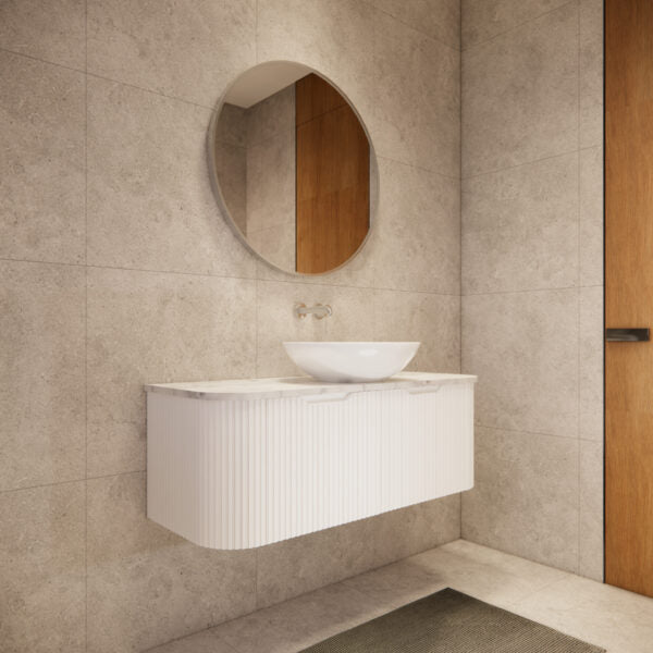 1200mm * Matt White        * Big curved edge Fluted style                        *1 tier  2 Drawers                          *Wall Hung