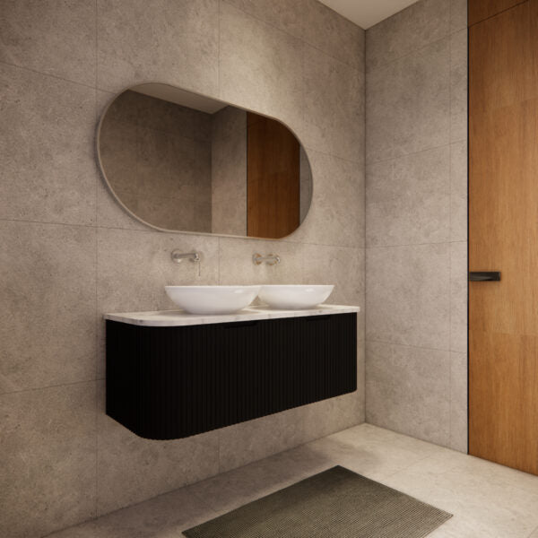 1200mm * Matt Black         * Big curved edge Fluted style                      *1 tier  2 Drawers                         *Wall Hung