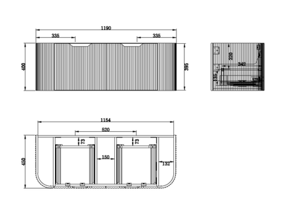 1200mm * Solid timber Flute       * Big curved edge Fluted style             *1 tier  2Drawers                     * Wall Hung