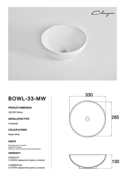 330*330*130mm Matte White Above Counter Basin