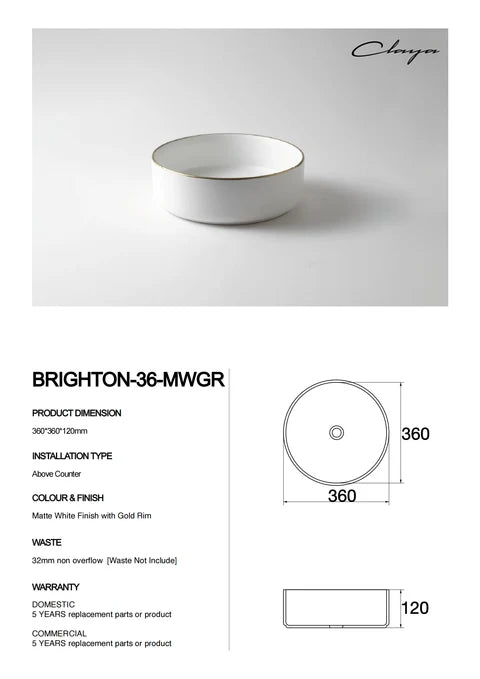 360*360*125mm Matte White With Gold Rim Above Counter Basin