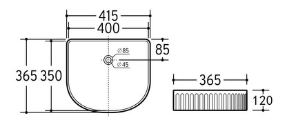 415mmx365mm Cascade Fluted Above Counter Basin - Gloss White