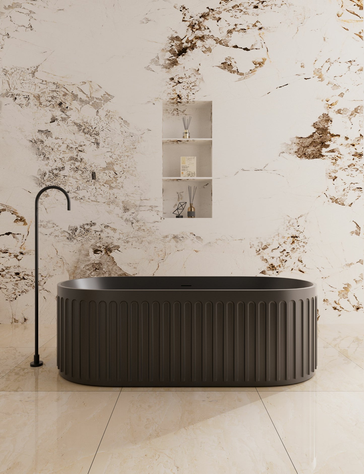 1700mm Ceto Cascade Cast Stone Solid Surface Bathtub - Overflow - Matte Black