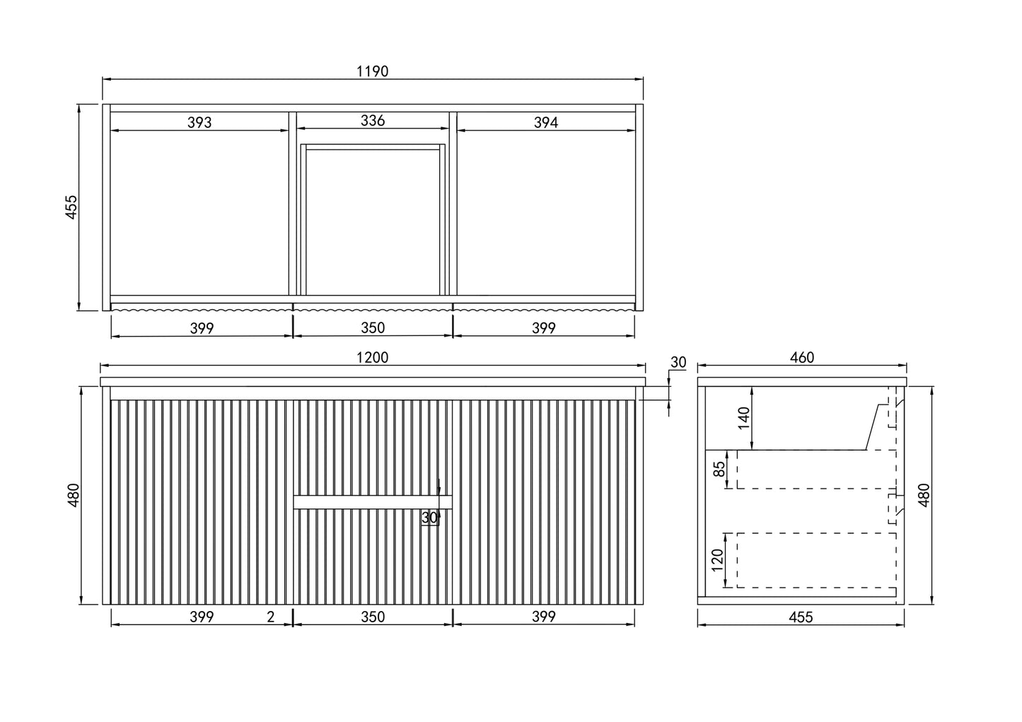 1200mm Brindabella Wall Hung Vanity PVC Center Drawers - Cabinet Only - Single/Double Bowl - Matte Black