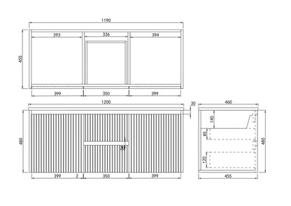 1200mm Brindabella Wall Hung Vanity PVC Center Drawers - Cabinet Only - Single/Double Bowl - Matte Black