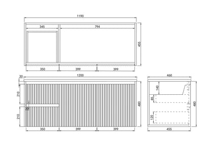 1200mm Brindabella Wall Hung Vanity PVC Left Side Drawers - Cabinet Only - Single Bowl - Matte Black
