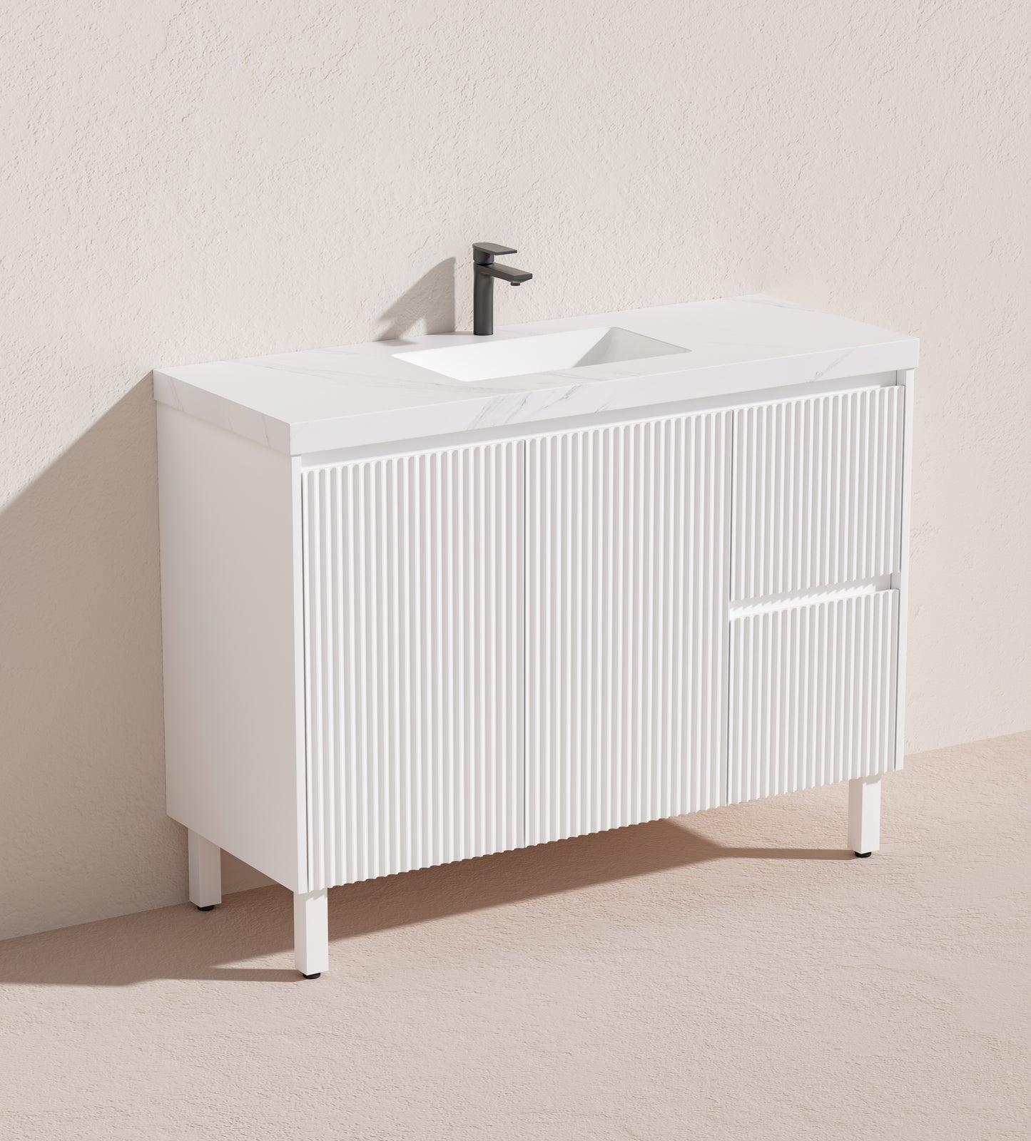1200mm Brighton Floor Vanity PVC Right Side Drawers - Cabinet Only - Single Bowl - Matte White