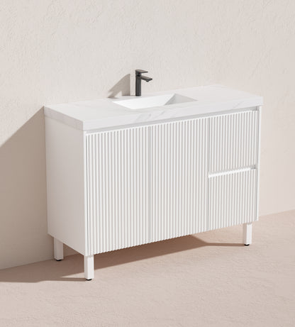 1200mm Brighton Floor Vanity PVC Right Side Drawers - Cabinet Only - Single Bowl - Matte White