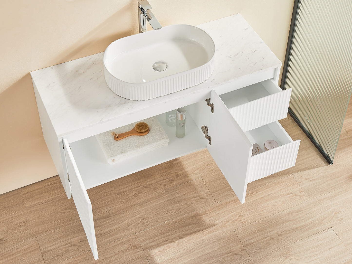 1200mm Brindabella Wall Hung Vanity PVC Right Side Drawers - Cabinet Only - Single Bowl - Matte White