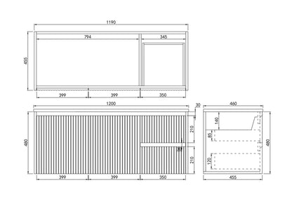 1200mm Brindabella Wall Hung Vanity PVC Right Side Drawers - Cabinet Only - Single Bowl - Matte Black