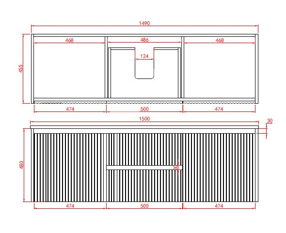 1500mm Brindabella Wall Hung Vanity PVC Center Drawers - Cabinet Only - Single/Double Bowl - Matte White