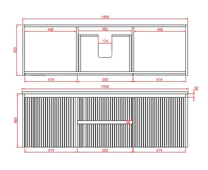 1500mm Brindabella Wall Hung Vanity PVC Center Drawers - Cabinet Only - Single/Double Bowl - Matte White