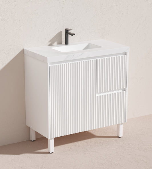 900mm Brighton Floor Vanity PVC Right Side Drawers - Cabinet Only - Matte White