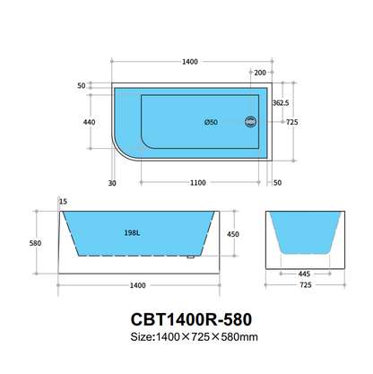 1400mm Right Corner Back to Wall Bathtub - No Overflow - Gloss White