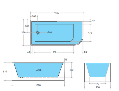 1500mm Left Corner Back to Wall Bathtub - No Overflow - Gloss White