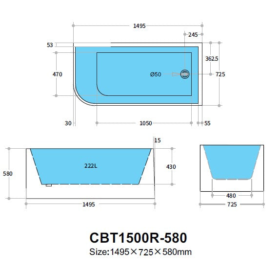 1500mm Right Corner Back to Wall Bathtub - No Overflow - Gloss White