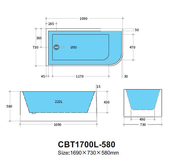 1700mm Left Corner Back to Wall Bathtub - No Overflow - Gloss White