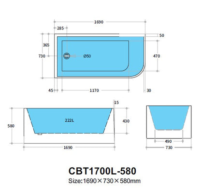 1700mm Left Corner Back to Wall Bathtub - No Overflow - Gloss White