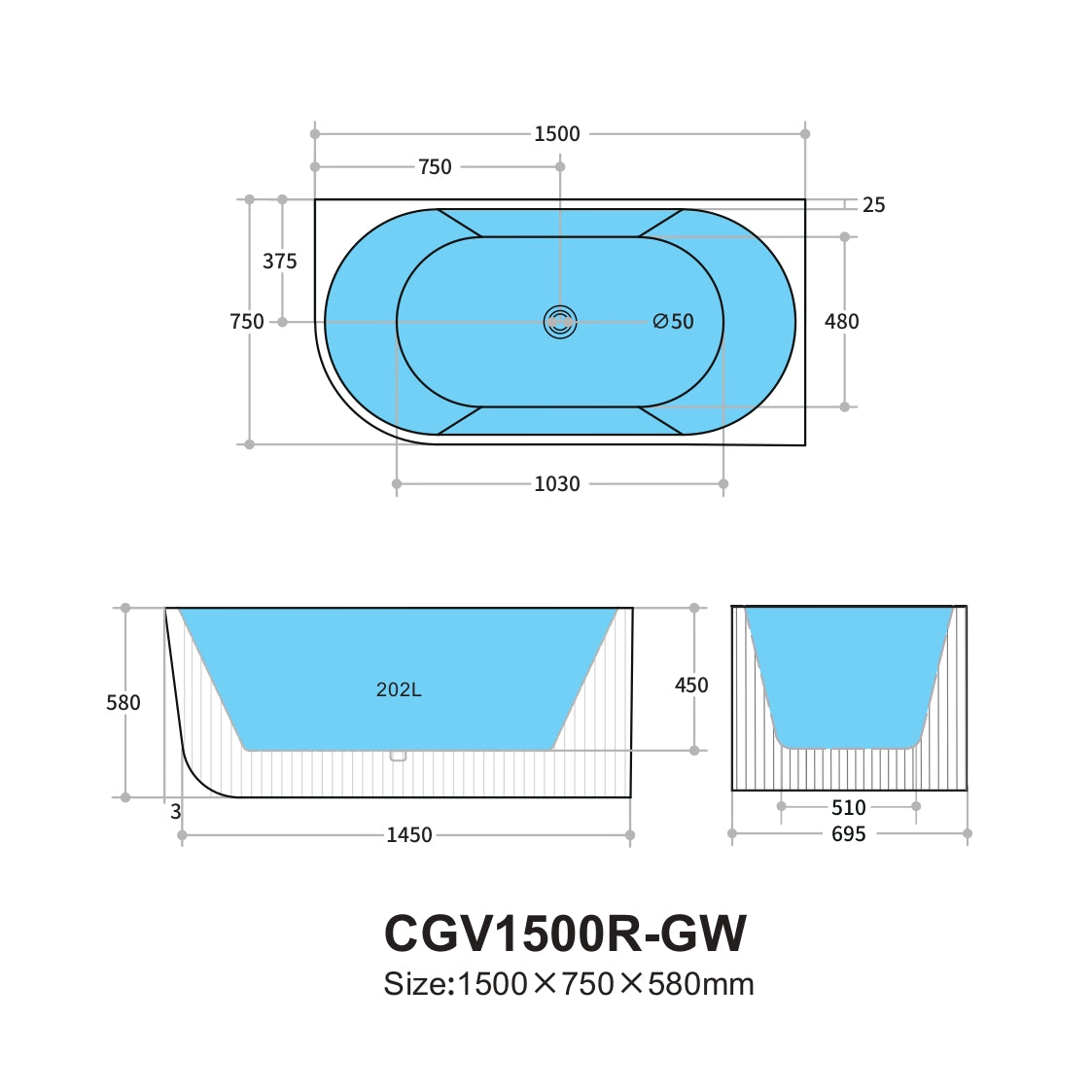 1500mm Capri Fluted Oval Freestanding Right Corner Bathtub - No Overflow - Gloss White