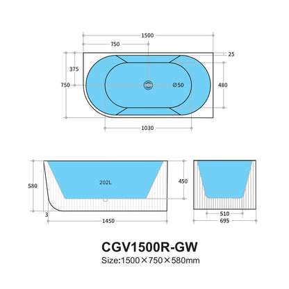 1500mm Capri Fluted Oval Freestanding Right Corner Bathtub - No Overflow - Gloss White
