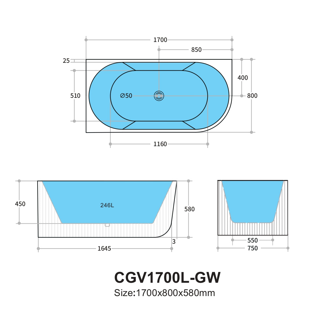 1700mm Capri Fluted Oval Freestanding Left Corner Bathtub - No Overflow - Gloss White
