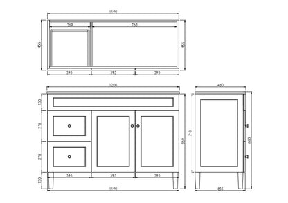 1200mm Harrington Floor Vanity PVC Left Side Drawers - Cabinet Only - Single Bowl - Matte Black