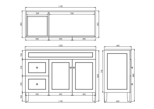 1200mm Harrington Floor Vanity PVC Left Side Drawers - Cabinet Only - Single Bowl - Matte Black