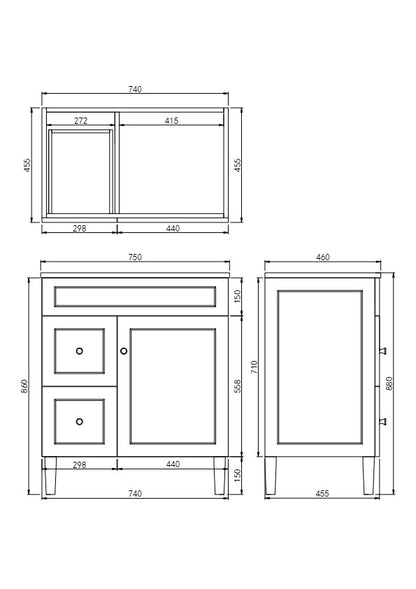 750mm Harrington Floor Vanity PVC Left Side Drawers - Cabinet Only - Matte Black