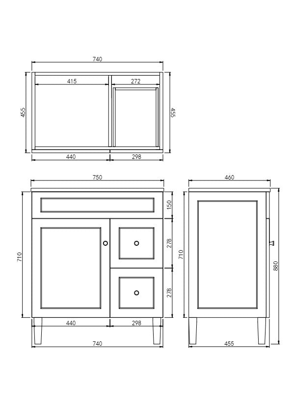 750mm Harrington Floor Vanity PVC Right Side Drawers - Cabinet Only - Matte White
