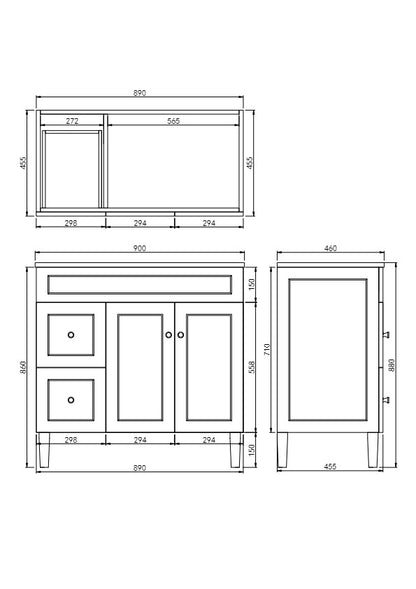 900mm Harrington Floor Vanity PVC Left Side Drawers - Cabinet Only - Matte White
