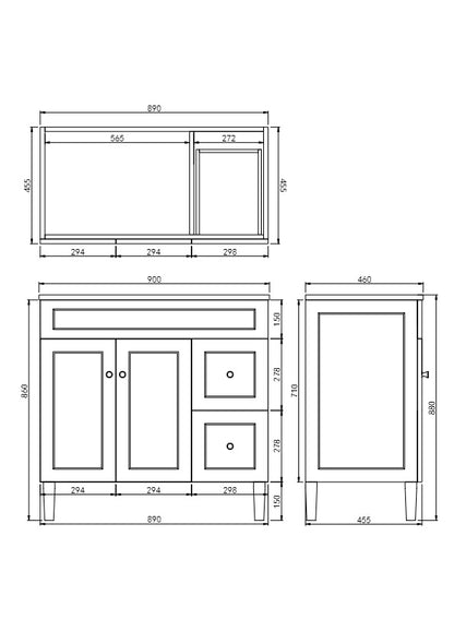 900mm Harrington Floor Vanity PVC Right Side Drawers - Cabinet Only - Matte White