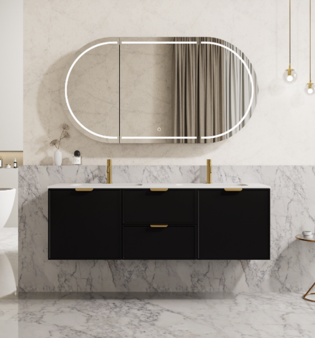 1500mm Miami Wall Hung Vanity PVC Cabinet Only - Single/Double Bowl - Matte Black