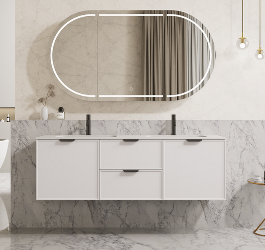 1500mm Miami Wall Hung Vanity PVC Cabinet Only - Single/Double Bowl - Matte White