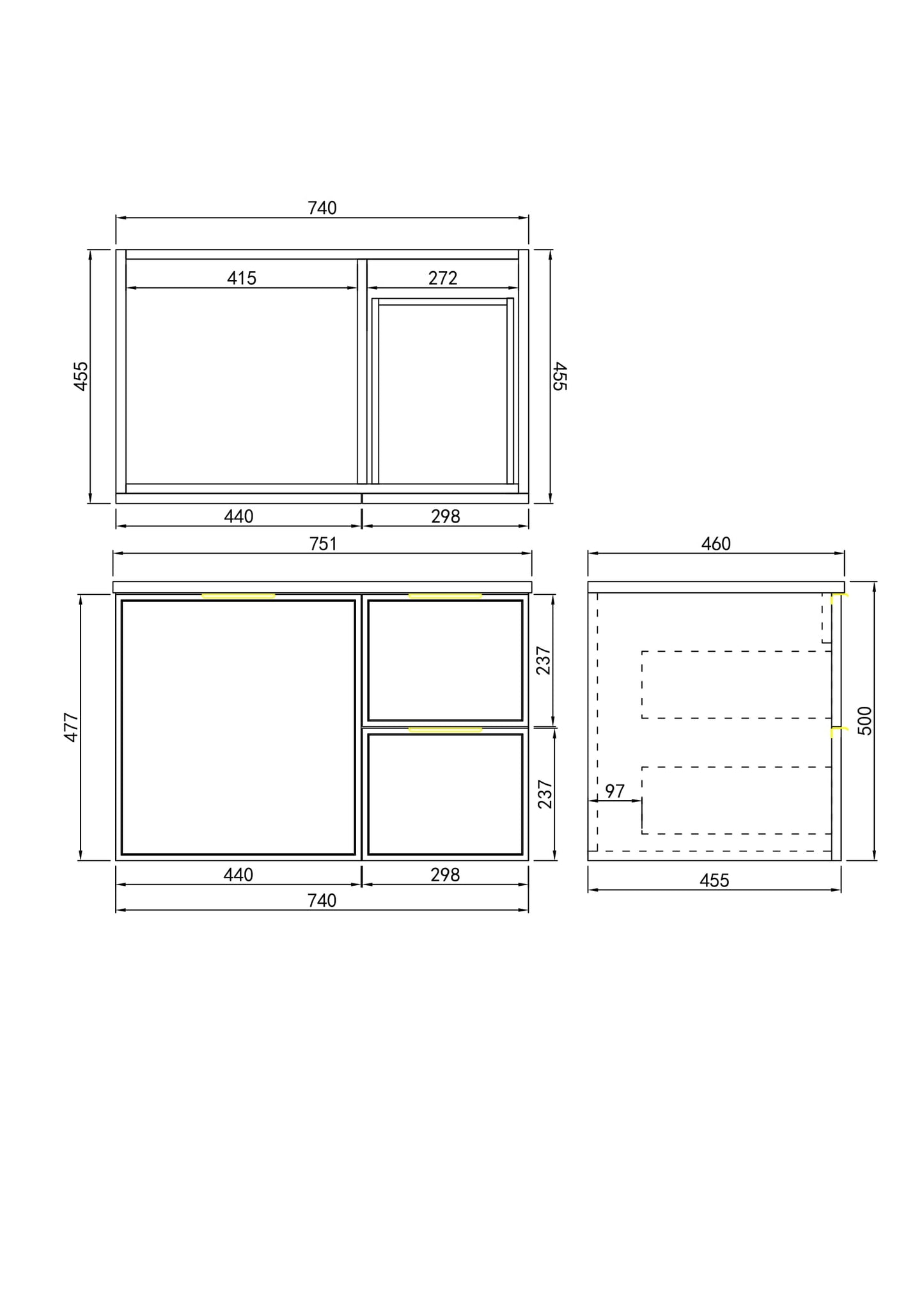 750mm  Miami Wall Hung PVC Right Drawer Cabinet - Matt Black - Cabinet Only