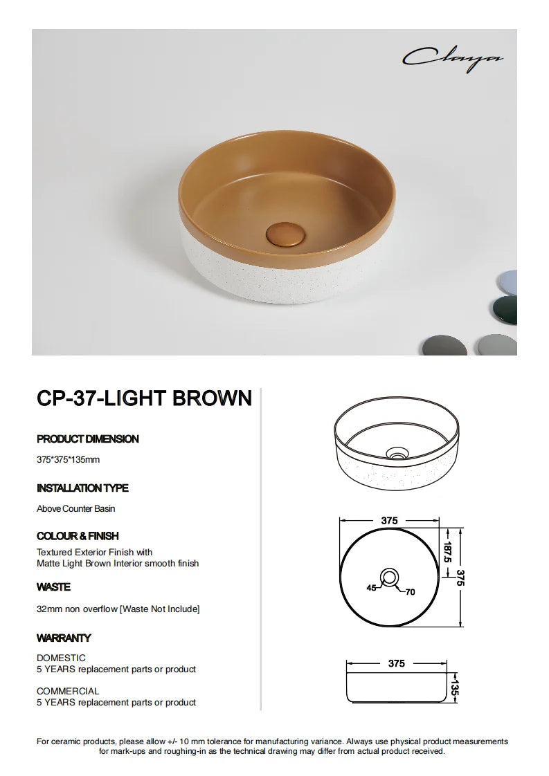 375*375*135mm Color Plus Textured Exterior Finish & Matte Light Brown Interior Finish Above Counter Basin