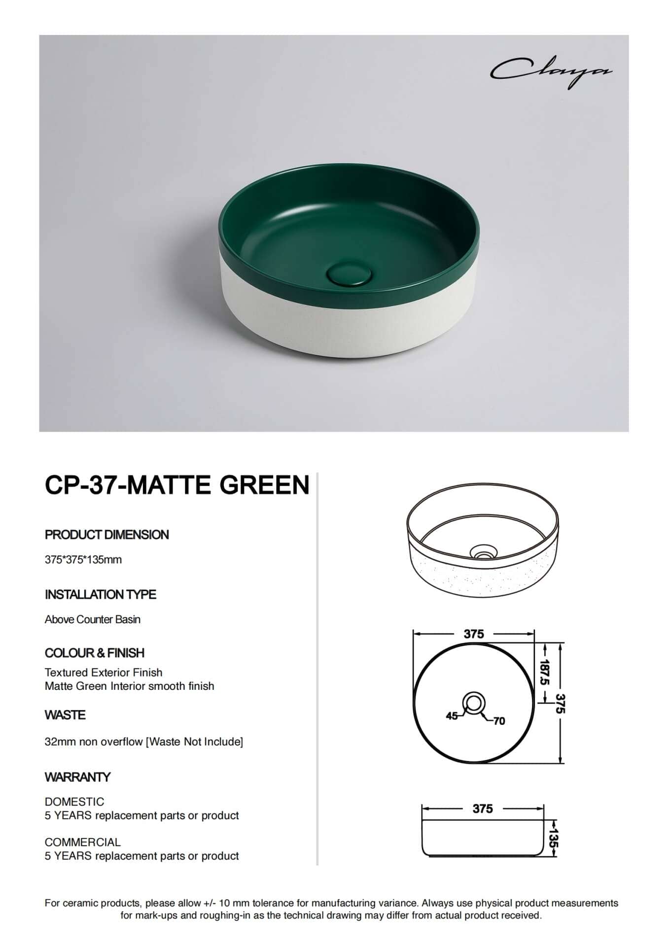 370mm Matte Green & Matte White Round Ceramic Basin | CP-37-MG
