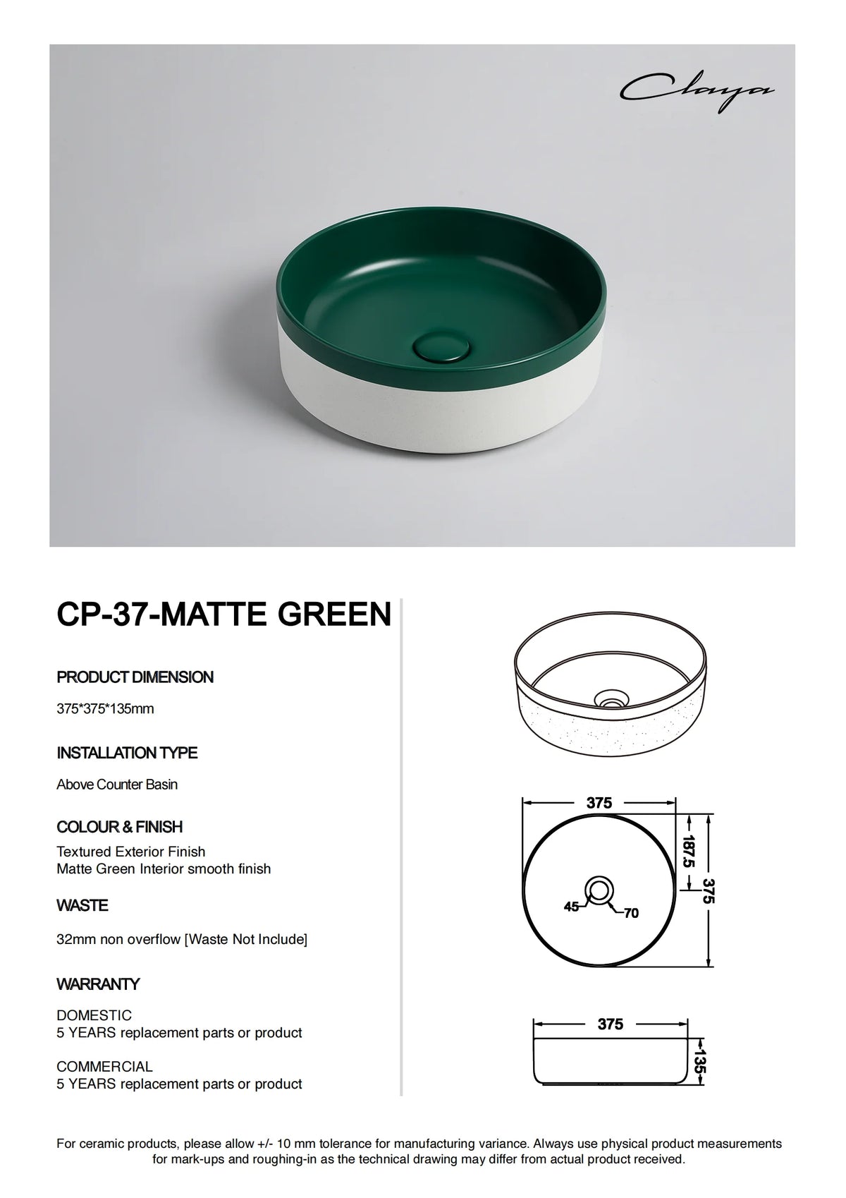 375*375*135mm Color Plus Textured Exterior Finish & Matte Green Interior Finish Above Counter Basin