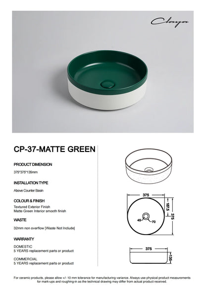 375*375*135mm Color Plus Textured Exterior Finish & Matte Green Interior Finish Above Counter Basin