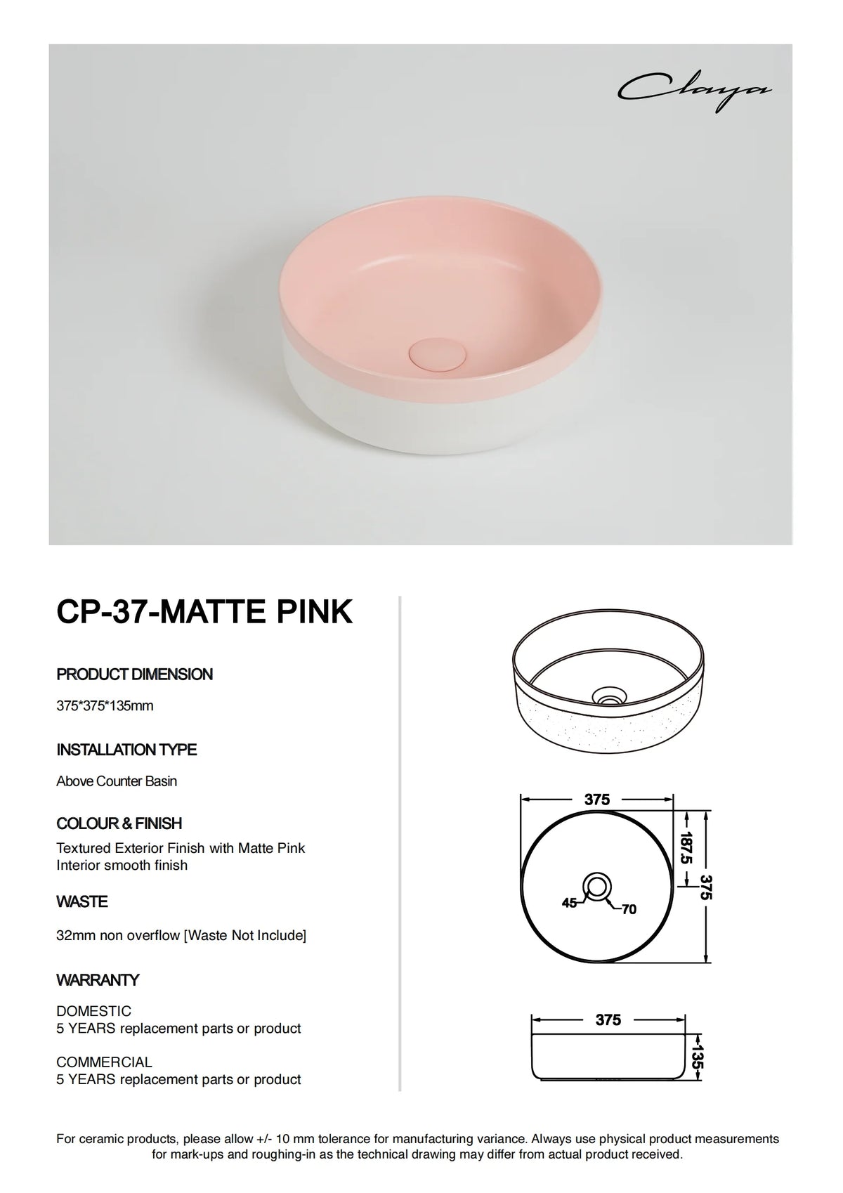 375*375*135mm Color Plus Textured Exterior Finish & Matte Pink Interior Finish Above Counter Basin