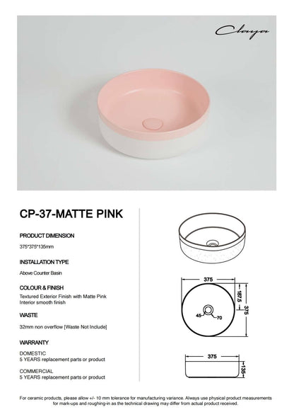 370mm Matte Pink & Matte White Round Ceramic Basin | CP-37-MP
