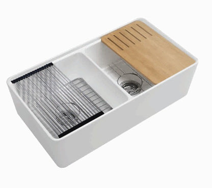 Orta 
Fine Fireclay Farmhouse Sink with work Station
doulle bowl; Grid, waste, rolling mat,and bamboo cutting board included 
Size:835*508*255mm
Gloss White