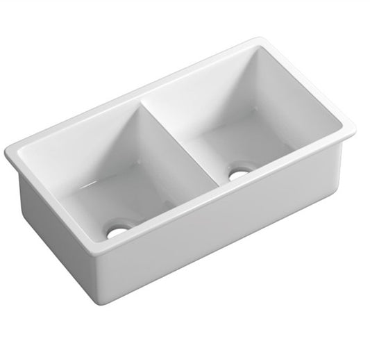 Procida Fine Fireclay Inset/Undermount Sink Double Bowl, Grid and Waste included Size:813*483*254mm Gloss White