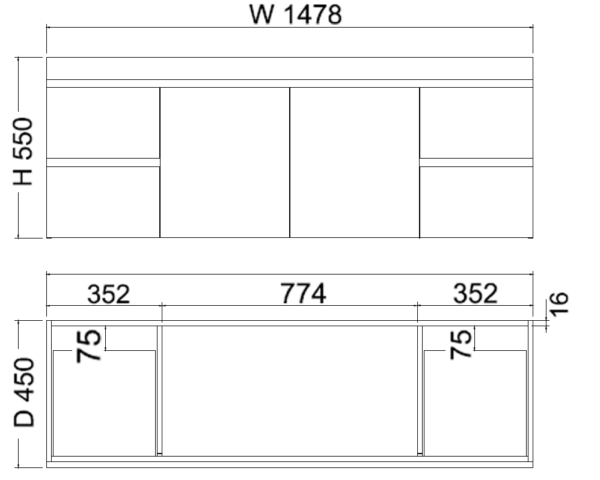 Forest Single Bowl/Double bowl Wall Hung Vanity W1478xH550xD450mm