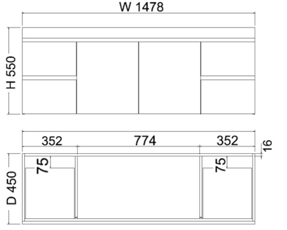 Forest Single Bowl/Double bowl Wall Hung Vanity W1478xH550xD450mm