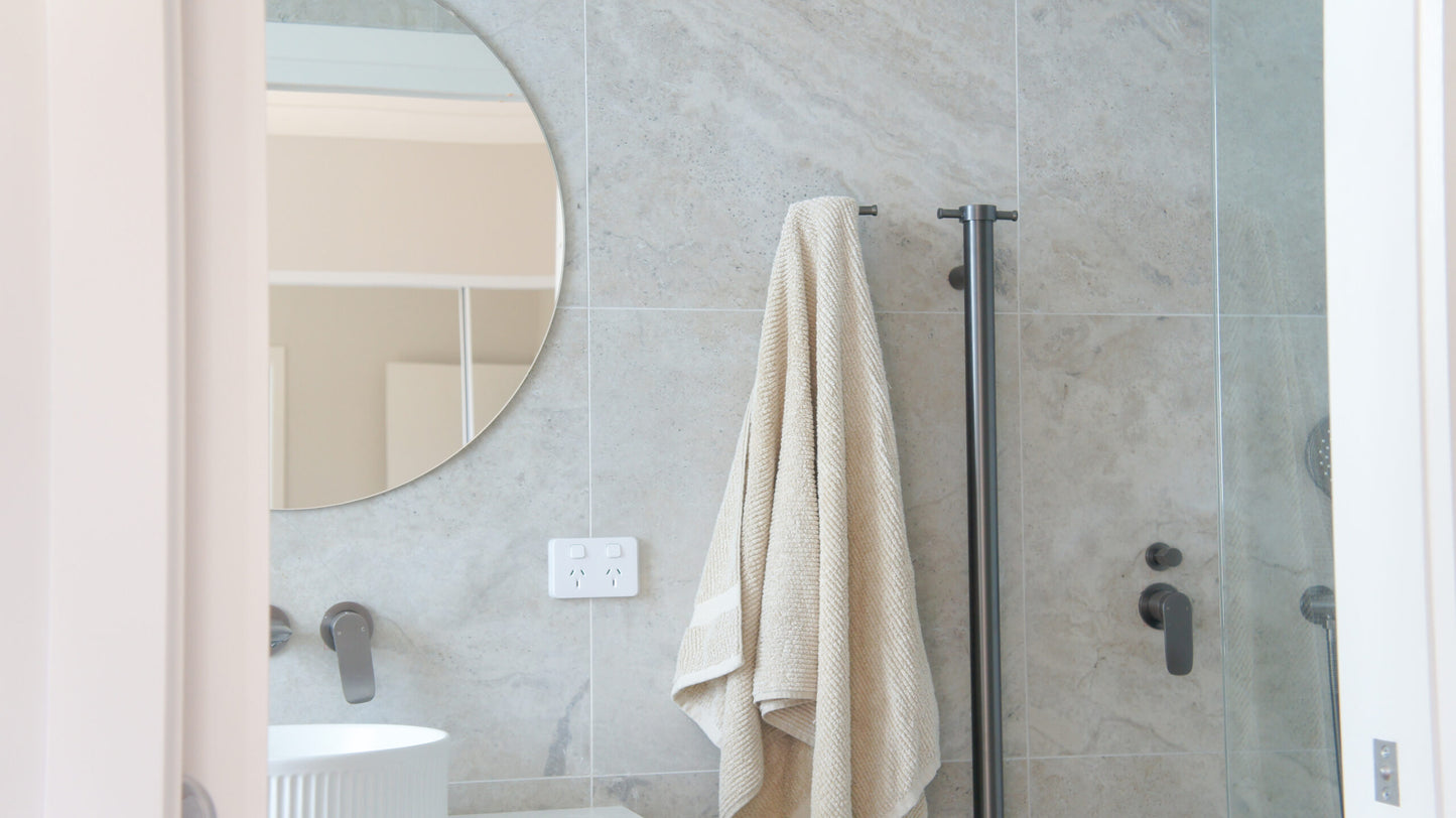 Allegra 12V Round Bar Vertical Heated Towel Rail with T-Bar - Gunmetal