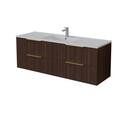 1500mm Edina Fluted Wall Hung Vanity PVC Single Bowl - Cabinet Only - Walnut